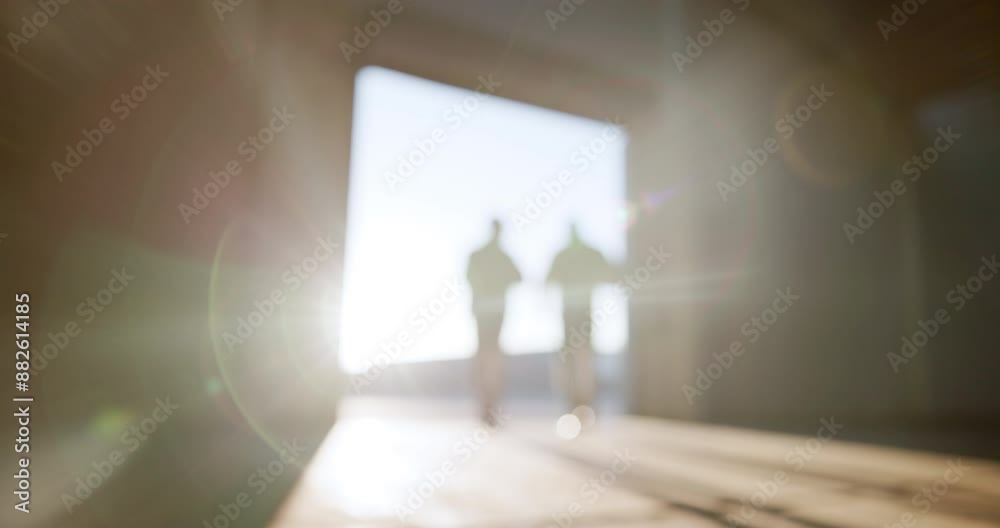Poster light, flare and people with walking in warehouse for construction, planning or collaboration. indus