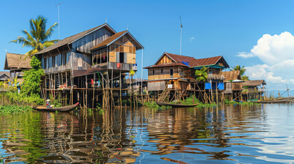 Obraz premium Traditional wooden houses on stilts along the shores of Inle Lake, with fishermen using unique leg-rowing techniques