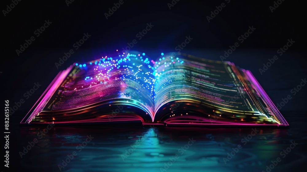 Wall mural glowing open book with digital code