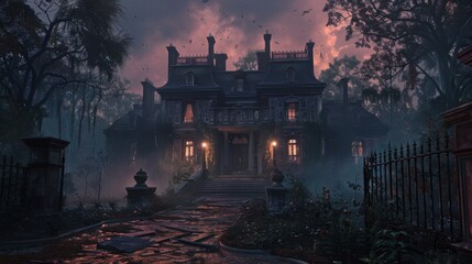 Fototapeta premium Creepy Haunted Mansion Silhouetted at Dawn with Eerie Light and Broken Windows
