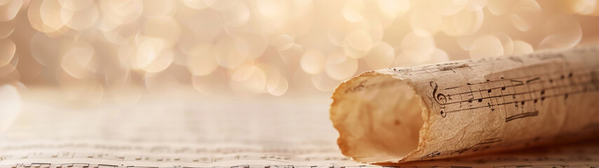 Vintage Music Score Sheet, Aged Yellowed Paper Texture, Close-up Realistic Photo