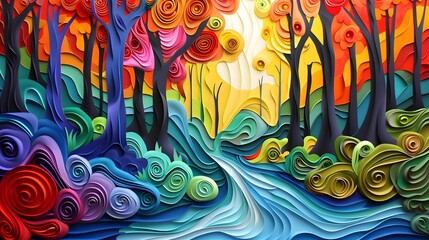 Obraz premium Colorful Swirling Surreal Forest Landscape with Vibrant Patterns and Glowing Lights