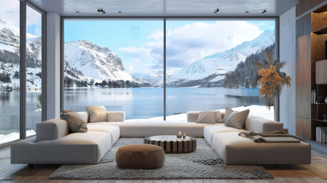 Fototapeta Elegant style living room interior design 3d render of mountain and lake view in winter and panoramic window view.