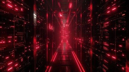 Obraz premium Red Neon Server Corridor