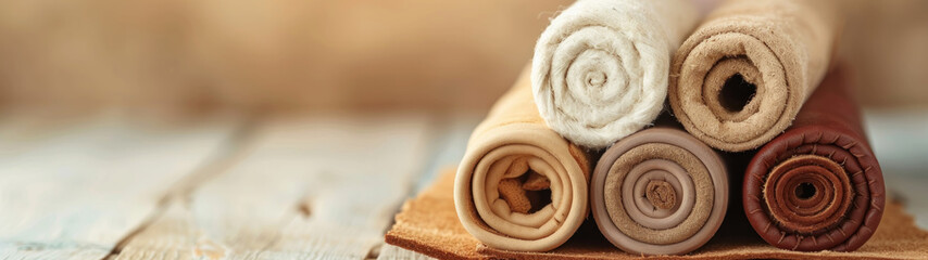 Tailor and cobbler holding different rolls of natural brown leather