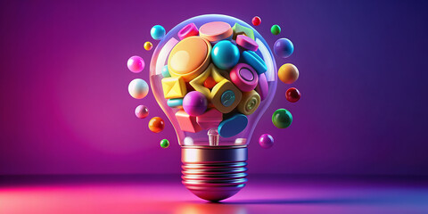 Vibrant 3D bulb logo with playful, quirky shapes and colors, perfect for social media posts or blog illustrations, featuring high-quality render and creative design elements.