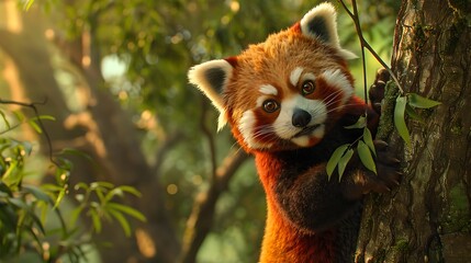 Fototapeta premium panda climbing a tree, detailed fur and expressive eyes, lush green forest background, endangered species