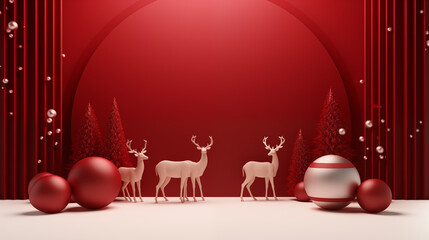 3D scene gold couple deer with red background.
