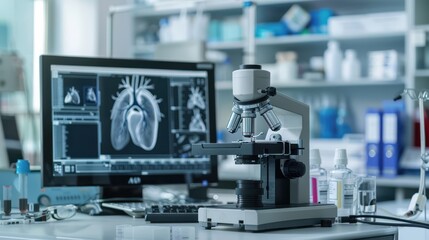 A computer monitor and microscope are on a desk in a lab