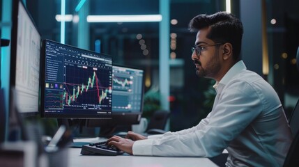 Fototapeta premium Financial securities traders, both male and female, working on desktop computers in a modern office. Handsome Indian accountant smiling happily while doing business financial accounting