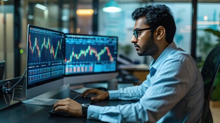 Financial securities traders, both male and female, working on desktop computers in a modern office. Handsome Indian accountant smiling happily while doing business financial accounting