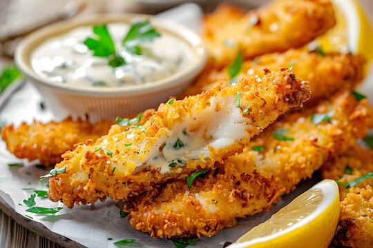 Breaded and fried fish fingers served with remoulade sauce and lemon