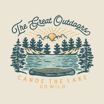 canoe illustration lake graphic forest design nature badge sunset vintage outdoor adventure