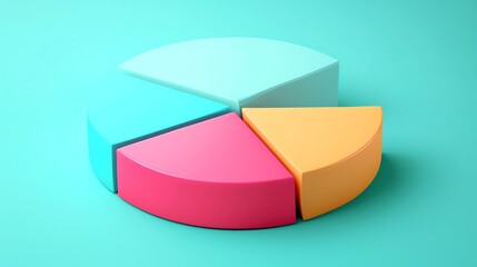 Obraz premium Colorful pie chart with four segments in blue, pink, yellow, and cyan on a turquoise background, representing data visualization and analysis.