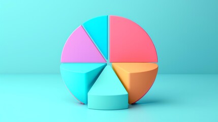 Fototapeta premium Colorful pie chart with different segments in a pastel blue background, representing data visualization, analysis, and business statistics.