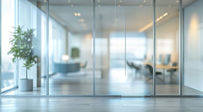 A blurred office interior with glass walls, featuring green plants in the foreground and softly blurred desks and chairs in the background. Sunlight streams through the window, creating a warm.