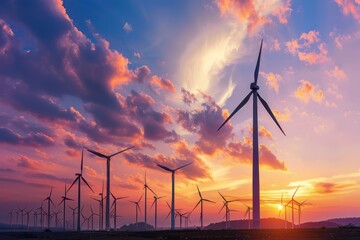 Obraz premium A wind farm with turbines spinning against a dramatic sunset