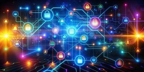 Fototapeta premium Vibrant, glowing digital network with abstract circuitry, pulsing lines, and futuristic icons, symbolizing rapid technological progress, innovative communication, and interconnected global systems.