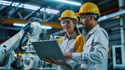 Male and female engineers holding laptop computers, mechanical arm background in a sleek solar panel manufacturing industry. Handsome Indian engineer consulting online controls with a happy smile