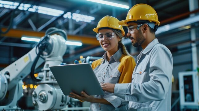Male and female engineers holding laptop computers, mechanical arm background in a sleek solar panel manufacturing industry. Handsome Indian engineer consulting online controls with a happy smile