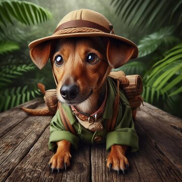 Rat Terrier dog wearing hat and goggle adventure explore in the deep Jungle 