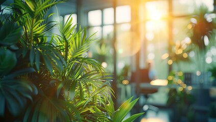 A blurred office background with glass walls, featuring green plants in the foreground and out-of-focus desks and chairs. Sunlight streams through the window.	