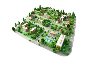 A city map of a residential area with a lot of green spaces and buildings, illustration education, clipart , isolated on a transparent background.