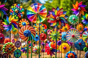 Vibrant colorful whimsical wind spinners in various shapes and sizes fluttering gently against a transparent background, perfect for adding a playful touch to designs.