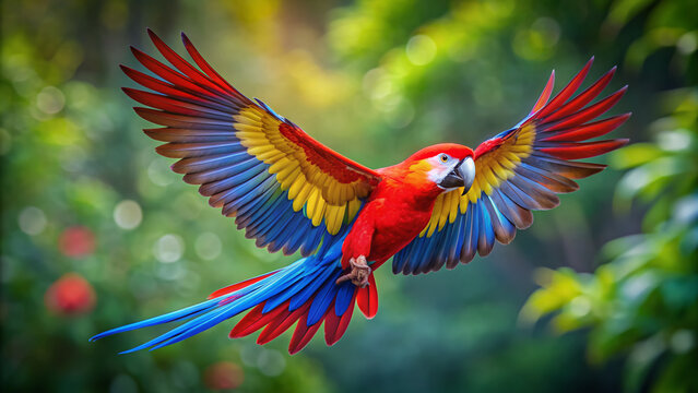 Vibrant scarlet macaw bird with bright blue and yellow feathers spreads colorful wings, flying freely on a transparent isolated background with natural movement blur.