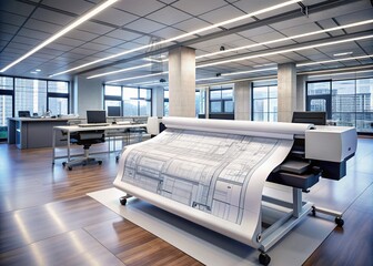 A large format plotter printer outputs wide blueprints with intricate designs and technical details on a spacious table in a modern engineering office setting.