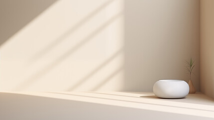 abstract 3d interior scene white ball with beige background color and line texture and sunlight.