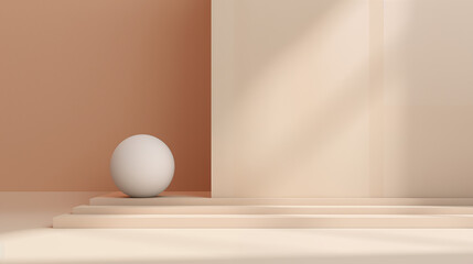abstract 3d interior scene white ball with beige background color and line texture and sunlight.