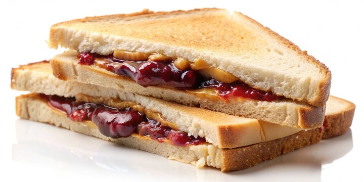 Delicious peanut butter and jelly sandwich on toasted bread, cut diagonally, with creamy peanut butter and sweet jelly on each half, isolated on white background.