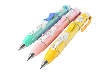 Three pens with different colors and designs are shown on a white background, illustration education, clipart , isolated on a transparent background.
