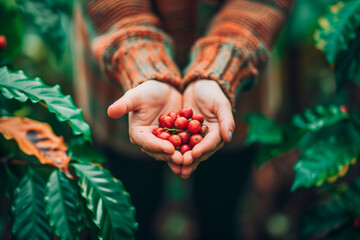 hands holding red berries of Coffee
