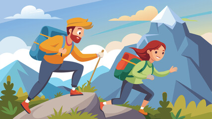 Travelling Couple with Backpacks, Man and Woman Cartoon Characters Climbing Rock. Mountaineering, Trekking and Hiking. Outdoor Recreation, Adventures in Nature, Vacation. 