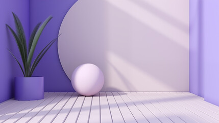 abstract 3d interior scene white ball and vase with violet background color and sunlight.