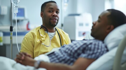 Obraz premium A man in a hospital bed is talking to a doctor