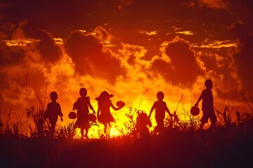 Fototapeta premium Children carrying pumpkins, silhouetted against a dramatic sunset.