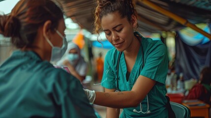 Fototapeta premium Two women in green scrubs are talking to each other