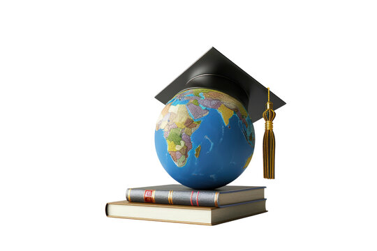 A globe sits on top of a stack of books with a graduation cap on top, illustration education, clipart , isolated on a transparent background.
