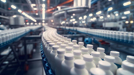 Obraz premium &nbsp;hundreds of yoghurt bottles going to camera direction on production line,