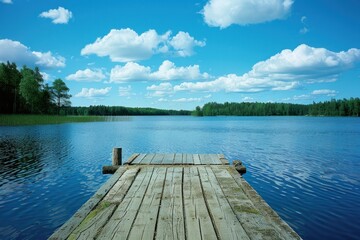 Obraz premium A dock is on the edge of a lake with a clear blue sky above