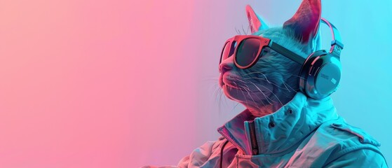 Naklejka premium Feline funk, fantasy character with cat head grooving to music in sunglasses and headphones against a vibrant pink and blue background