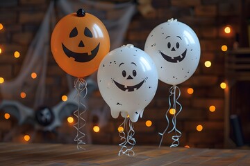 Festive Halloween balloons with jack-o'-lantern and ghost faces against a brick wall background.