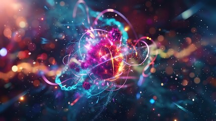 High-speed collision of atoms with a burst of colorful light and particle effects