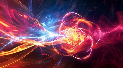Obraz premium Two atoms colliding with vibrant energy trails and particles scattering