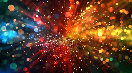 High-speed collision of atoms with a burst of colorful light and particle effects
