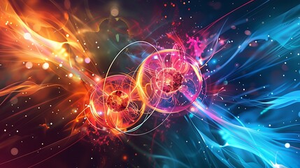 Two atoms colliding with vibrant energy trails and particles scattering