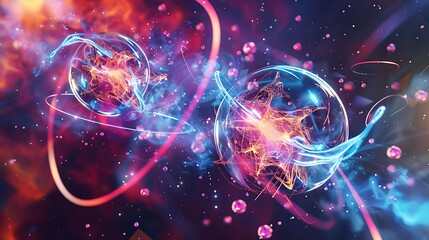 Two atoms colliding with vibrant energy trails and particles scattering